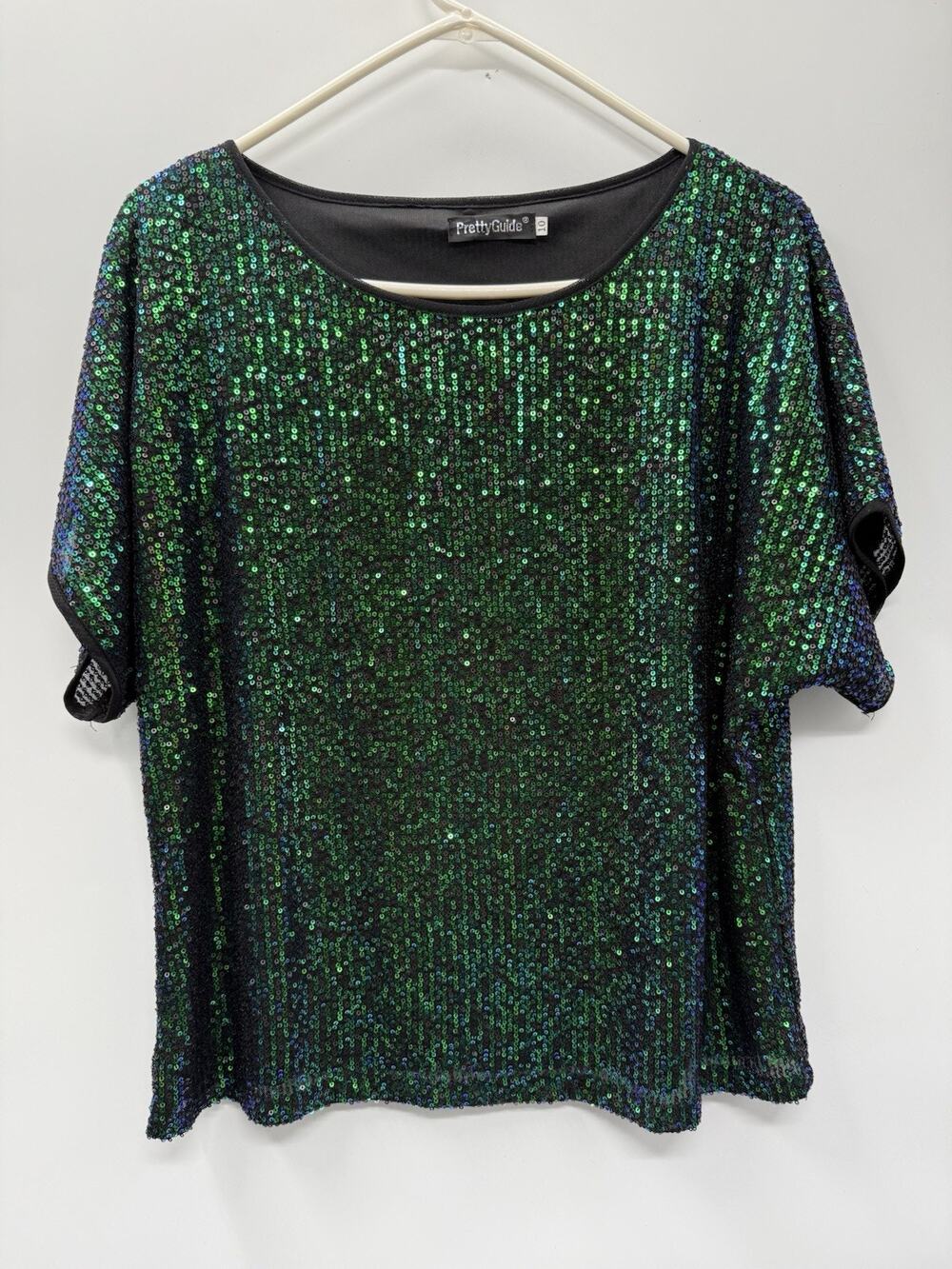 PrettyGuide Green Black Sequin Top Size 10 Dolman Batwing Sleeve Party Holiday